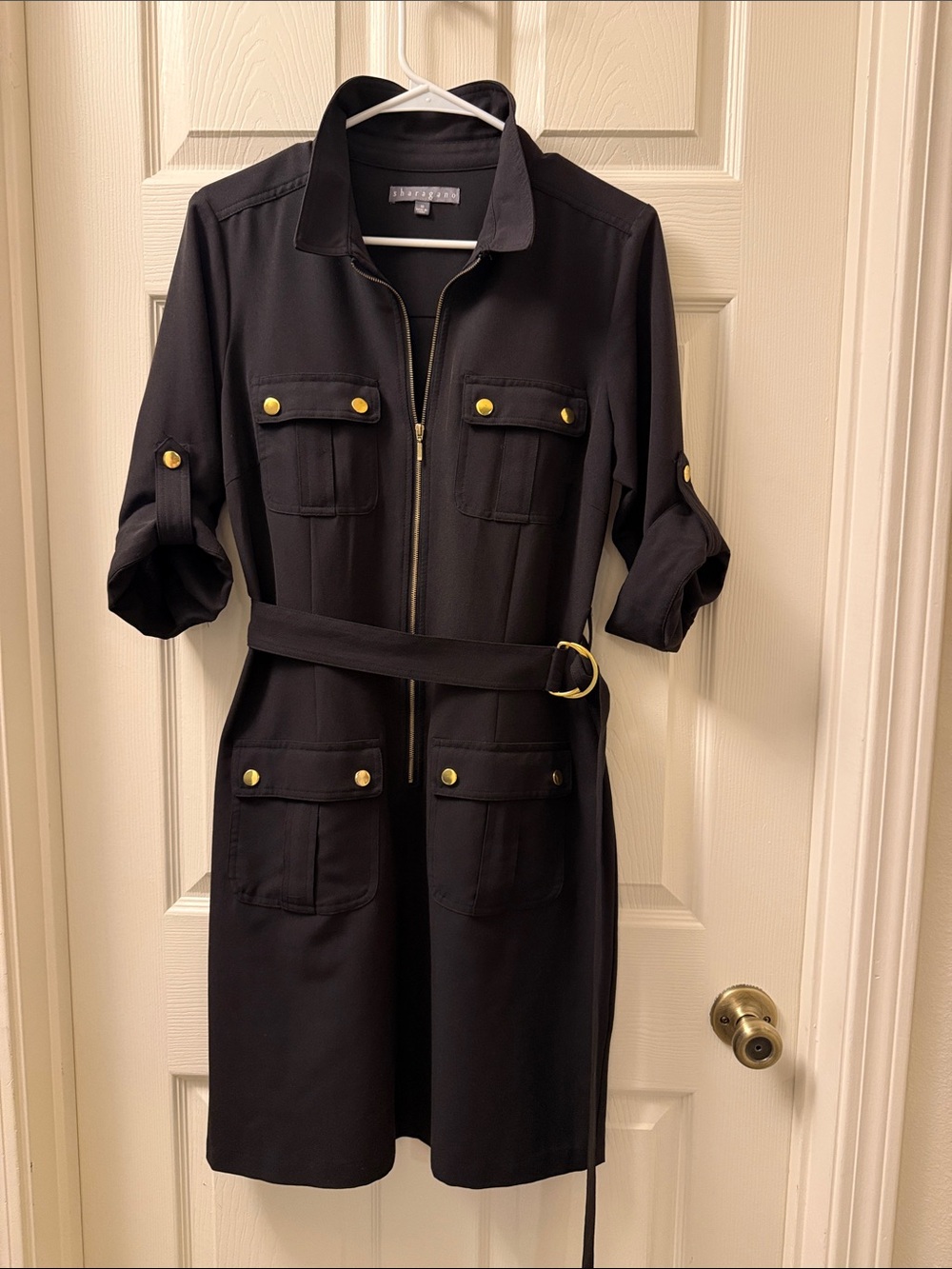 Sharagano Black Midi Shirt Dress with Gold Buttons and D-Ring Belt